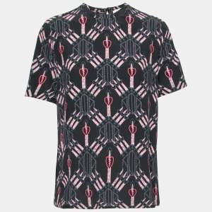 Pre Owned Valentino Black Loveblade Print Silk Round Neck Top L