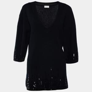 Pre Owned Valentino Black Wool Sequin Embellished V-Neck Sweaters L