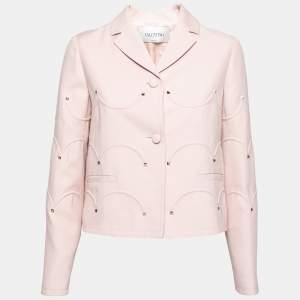 Pre Owned Valentino Pink Wool Scalloped Studded Long Sleeve Jacket M