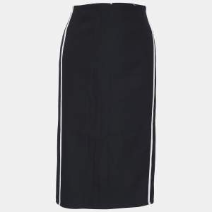 Pre Owned Valentino Black Wool Contrast Stripe Detail Asymmetric Skirt L