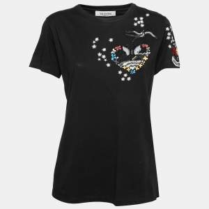 Pre Owned Valentino Black Cotton Sequin and Beaded Embellished Crew Neck T-Shirt L