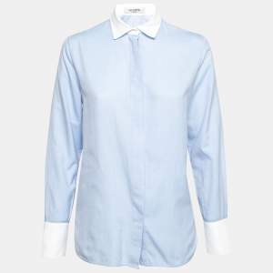 Pre Owned Valentino Blue & White Cotton Oxford Flared Shirt M