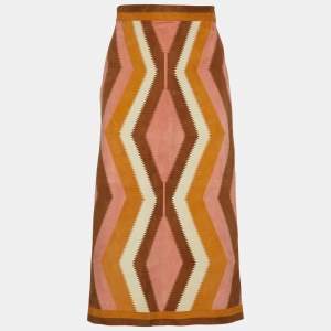 Pre Owned Valentino Peach Suede Patchwork Midi Skirt S