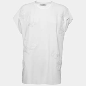 Pre Owned Valentino White Stretch Knit Butterfly Bead Embroidered Top L