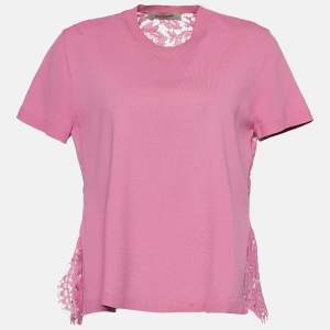 Pre Owned Valentino Pink Knit & Floral Lace Peplum Top M