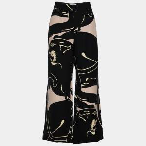 Pre Owned Valentino Black Panther Print Silk Cady Wide Leg Trousers M