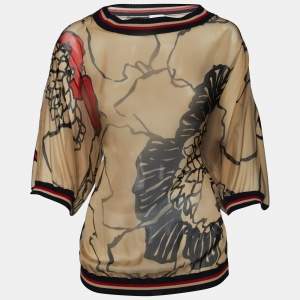 Pre Owned Valentino Beige Abstract Print Silk & Knit Sheer Top L