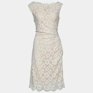 Pre Owned Valentino White Floral Lace Ruched Sleeveless Dress L
