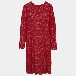 Pre Owned Valentino Red Floral Lace Bow Detail Knee-Length Dress L