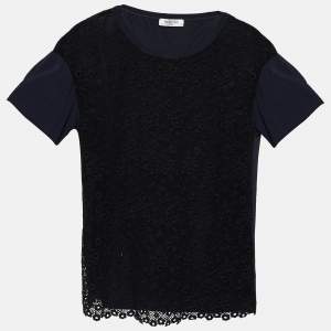 Pre Owned Valentino Black Crochet Lace & Knit Short Sleeve Top XL