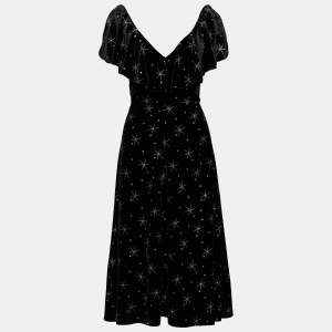 Valentino Black Glitter Star Print Velvet Ruffled Midi Dress M