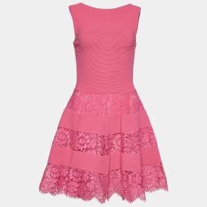 Pre Owned Valentino Pink Knit & Lace Paneled Sleeveless Dress M