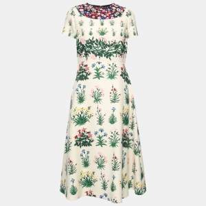 Pre Owned Valentino Cream Crepe-Wool Primavera Print Midi Dress M