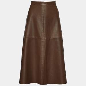 Pre Owned Valentino Brown Leather A-Line Midi Skirt M