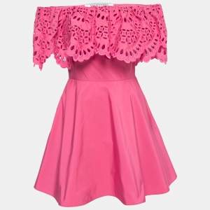 Valentino Pink Lace Frill Off-Shoulder Mini Dress S