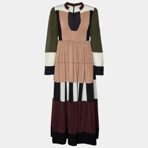 Pre Owned Valentino Color Block Silk Tiered Midi Dress S