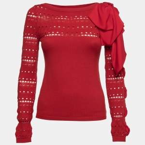 Pre Owned Valentino Red Eyelet Knit Wool Bow Detail Long Sleeve Sweater S