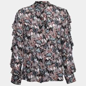 Pre Owned Valentino Black Butterfly Print Silk Ruffled Shirt L