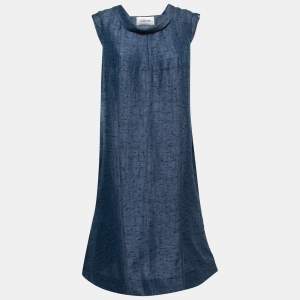 Pre Owned Valentino Navy Blue Patterned Jacquard Folded-Collar Dress XL
