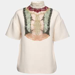 Valentino Beige Crepe Embroidered Lace Inset High Neck Top S