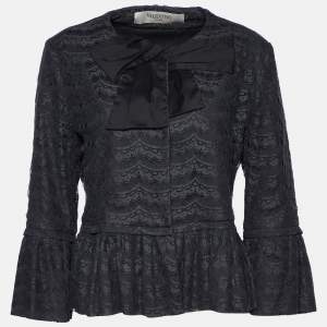 Valentino Black Lace Pleated Detail Button Front Jacket L