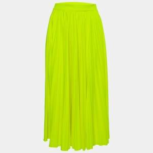 مملوكة مسبقًا Valentino Neon Yellow Jersey Pleated Logo Print Skirt S