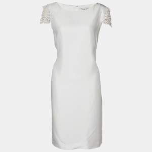 Valentino White Crepe Embellished Sleeve Shift Dress L