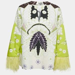 Valentino Lime Green Printed Cotton Ostrich Trim V-Neck Top S
