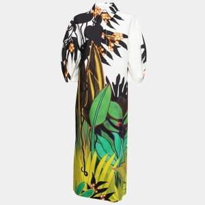 Pre Owned Valentino White Jungle Print Cotton Puff Sleeve Long Dress S