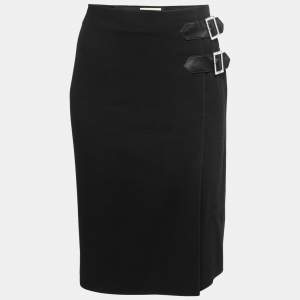 مملوكة مسبقًا Valentino Black Crepe Wool Buckle Detail A -Line Skirt L