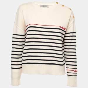 Pre Owned Valentino Cream Wool Stripe Long Sleeve Sweater S