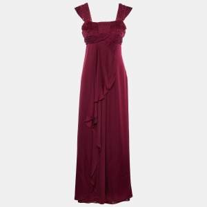 Pre Owned Valentino Burgundy Silk Smocked & Draped Maxi Dress M