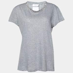 Pre Owned Valentino Grey Rockstud Neck Detail Cotton Knit T-Shirt XL