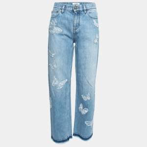 Valentino Light Blue Denim Butterfly Patched Fringed Jeans M Waist 28"