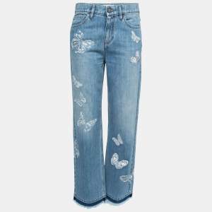 Valentino Light Blue Denim Butterfly Patched Fringed Jeans S Waist 26"