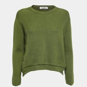 Valentino Green Cotton Knit Lace Trimmed Crew Neck Sweatshirt L