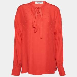 Valentino Red Logo Jacquard Silk Neck Tie Detail Top M