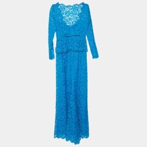 Pre Owned Valentino Blue Lace Bow Back Detail Gown S
