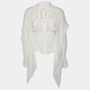 Pre Owned Valentino Off White Silk & Lace Necktie Detail Shirt M