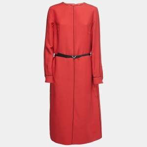 Pre Owned Valentino Red Crepe Long Sleeve Belted Midi Dress L