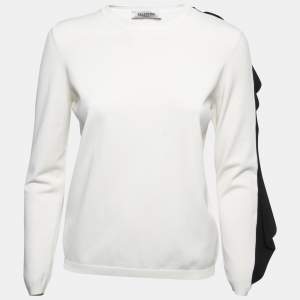 Pre Owned Valentino White Knit Contrast Frill Detail Sleeve Top L