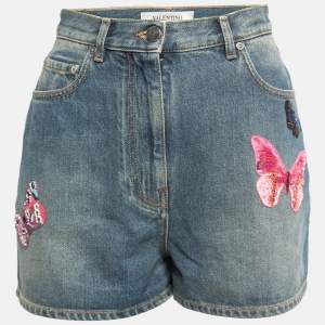 Valentino Blue Denim Butterfly Embroidered High Waist Shorts S Waist 25"