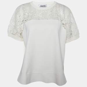 Pre Owned Valentino Off White Lace & Knit Paneled Oversized T-Shirt L