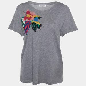 Pre Owned Valentino Grey Cotton Knit Floral Patch Detail T-Shirt XL