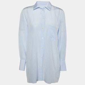 Pre Owned Valentino Blue & White Striped Silk Button Front Shirt L