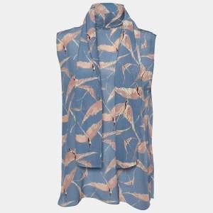 Pre Owned Valentino Blue Bird Printed Silk Neck Tie Detail Top M