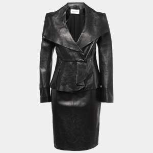Valentino Black Leather Lace Trimmed Jacket Skirt Set L/M