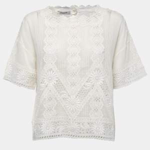 Pre Owned Valentino Cream Cotton & Lace Trim Top L