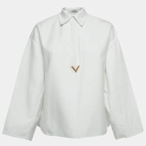 Pre Owned Valentino White Cotton V Logo Detailed Long Sleeve Polo Top M