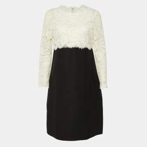 Pre Owned Valentino White Lace & Black Crepe Midi Dress L